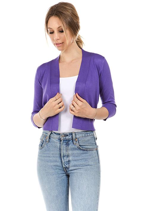 Womens Soft Solid Open Front Cropped 3 4 Sleeve Bolero Shrug Cardigan