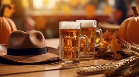 Premium AI Image | Beer mugs on the table decorated for the Oktoberfest Generative AI