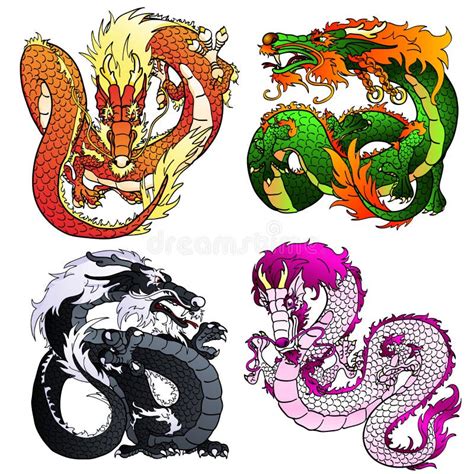 Set Four Artful Asian Color Dragon Stock Vector Illustration Of Green