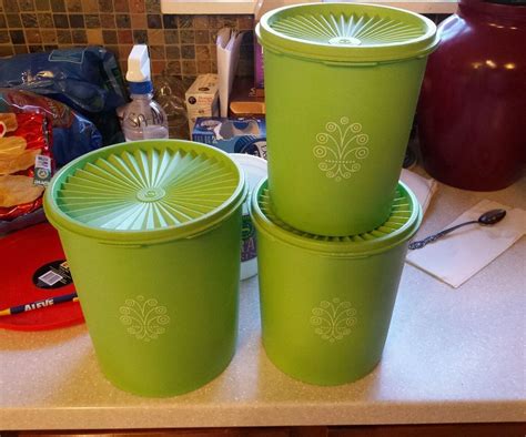 3 Vintage TUPPERWARE Canisters Round Stacking Green 1970s With Lids