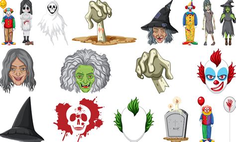 Conjunto De Objetos De Terror De Halloween Y Personajes De Dibujos