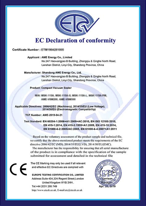 CE Certificate AME Energy Co Limited