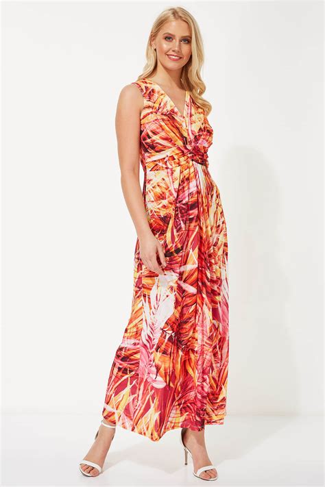 Tropical Print Twist Front Maxi Dress In Orange Roman Originals Uk