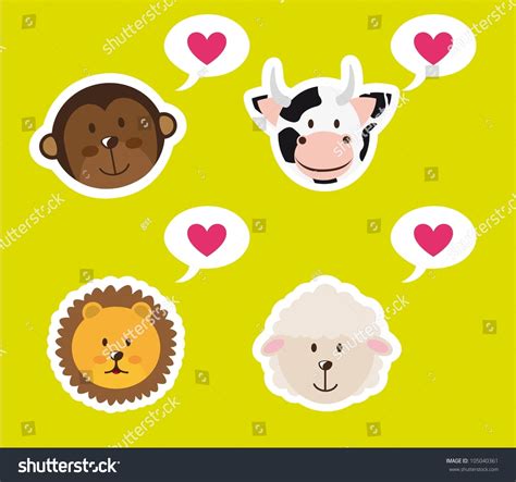 Cute Animals Faces With Hearts Over Green Background. Stock Photo ...