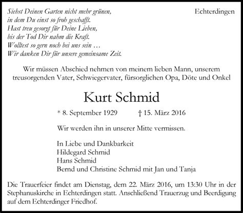 Traueranzeigen Von Kurt Schmid Stuttgart Gedenkt De