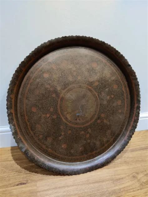 Vintage Indian Large Round Brass Peacock Engraved Tray Charger Table Top Antique £42 00