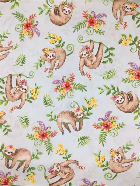 Tropical Sloth Fabric Sloths And Flowers100 Cotton Fabric Etsy