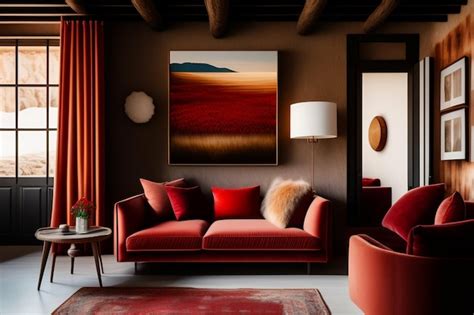 Una sala de estar con un sofá rojo y un sofá rojo con un gran cuadro en