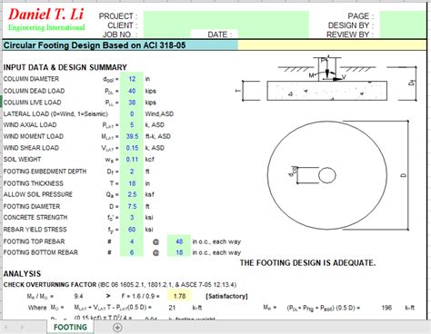 Circular Footing Design Based On Aci 318 05 Excel Sheets