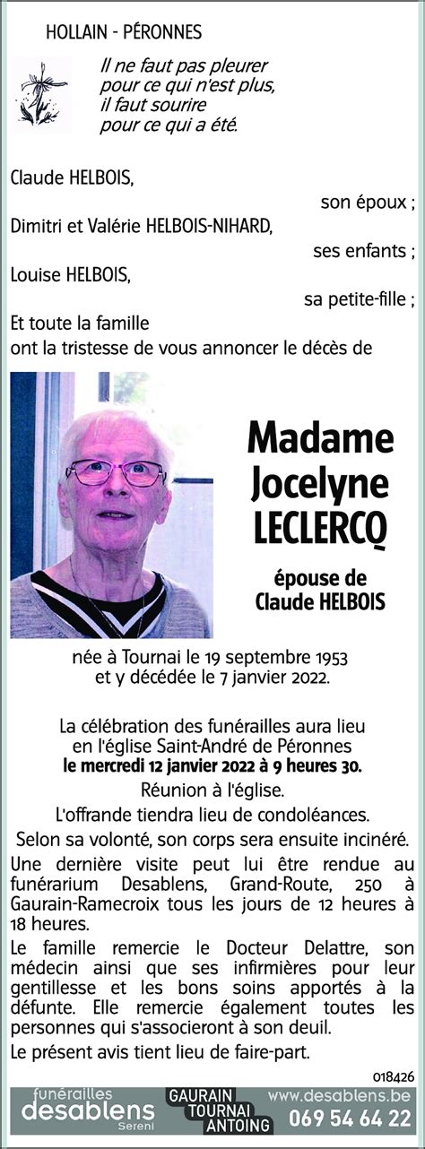 Avis De Décès De Jocelyne Leclercq Décédé Le 07 01 2022 à Tournai