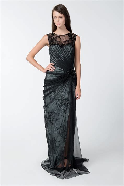 Tulle And Lace Boatneck Gown In Black Marble Tadashi Shoji Pretty