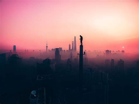 HD wallpaper: city buildings, silhouette, sky, fog, urban Skyline ...