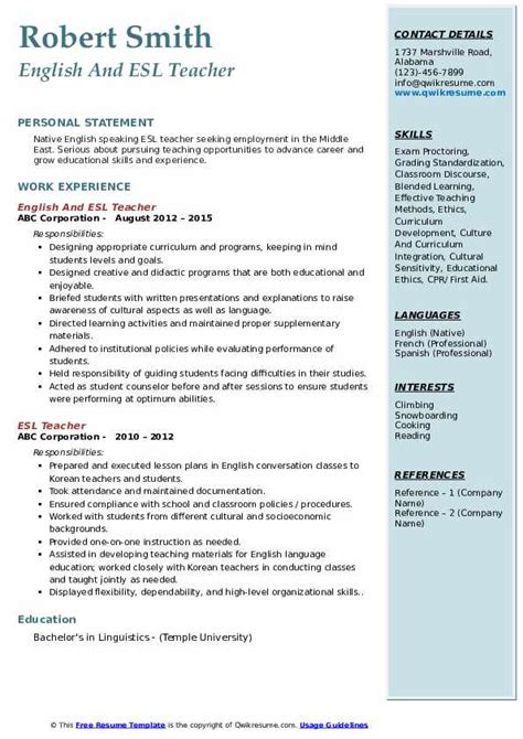 Esl Teacher Resume Samples Templates For