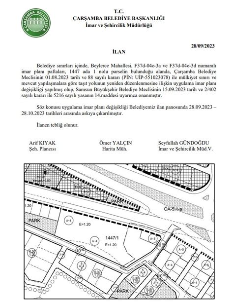 Çarşamba Belediyesi İmar ve Şehircilik Müdürlüğü İlanı 28 09 23