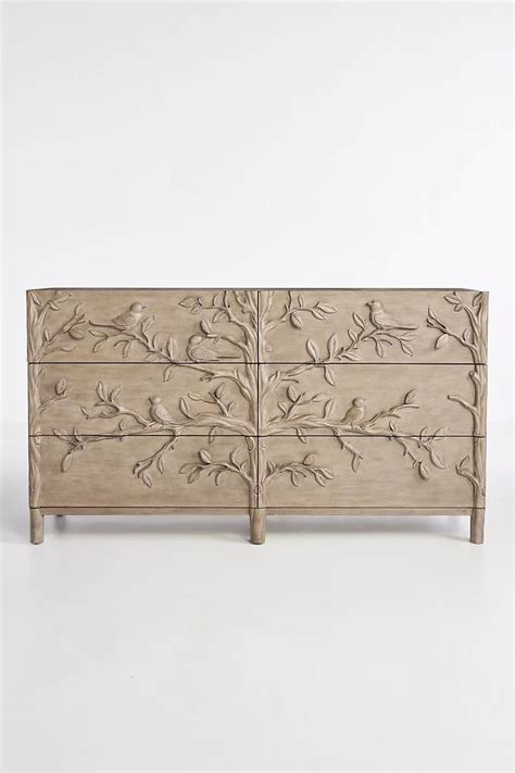 Handcarved Ornithology Six Drawer Dresser Six Drawer Dresser Dresser