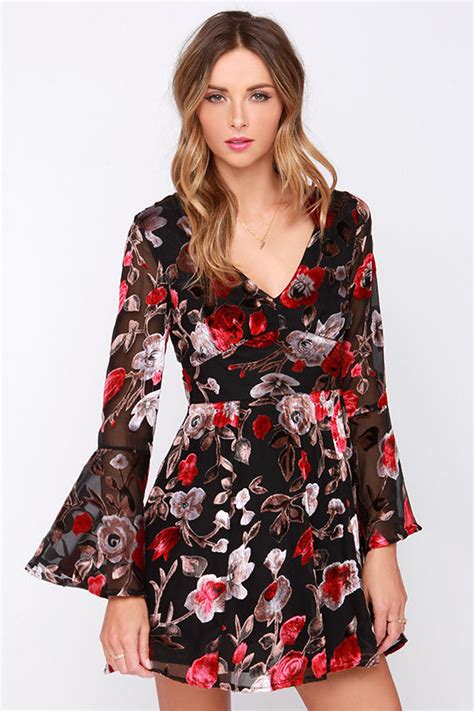 Cute Black Dress Floral Print Dress Velvet Dress 73 00 Lulus