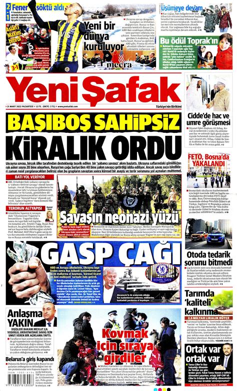 Yeni Şafak Gazetesi 21 Mart 2022 Pazartesi Günü Manşeti