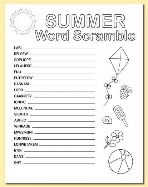 Printable Summer Word Scramble PrintableLib