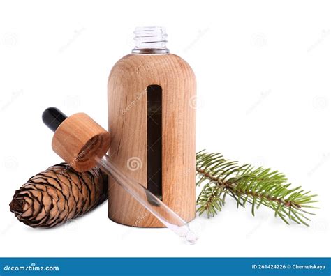 Bottle of Pine Essential Oil and Cone on White Background Stock Photo - Image of container, cone ...