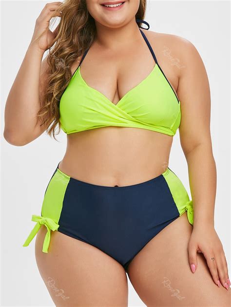 Plus Size Colorblock Knotted Wrap Bikini Set Off Rosegal