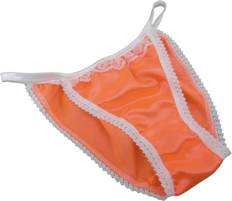 Shiny Satin String Bikini Mini Tanga Panties Orange With Ivory Lace