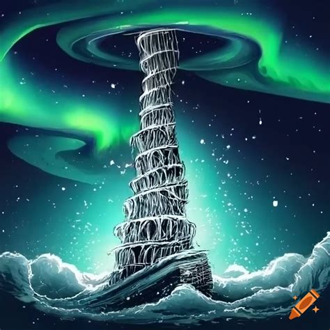 Anime Style Tower Of Babel Surrounded By Sea Waves Aurora Borealis