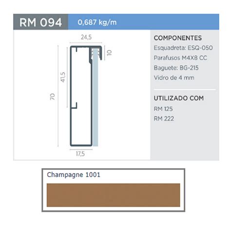 PERFIL RM 094 SUPRA CHAMPAGNE 1001 3MT P VIDRO ROMETAL