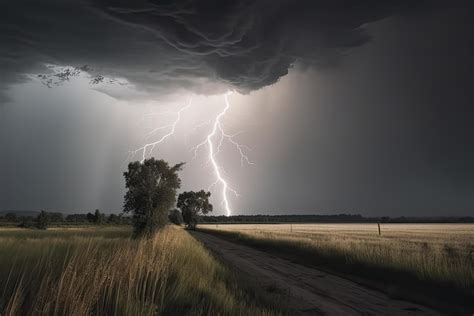 Dramatic Lightning Thundertbolt Bolt Strike In Daylight Rural