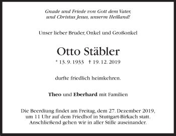 Traueranzeigen von Otto Stäbler stuttgart gedenkt de