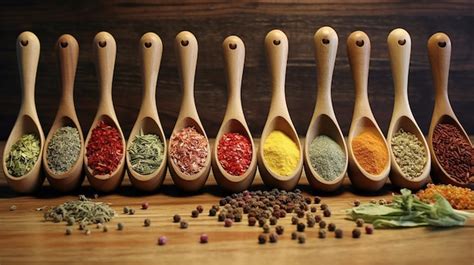 Premium Ai Image Spices And Herbs In Wooden Spoon Collection Background