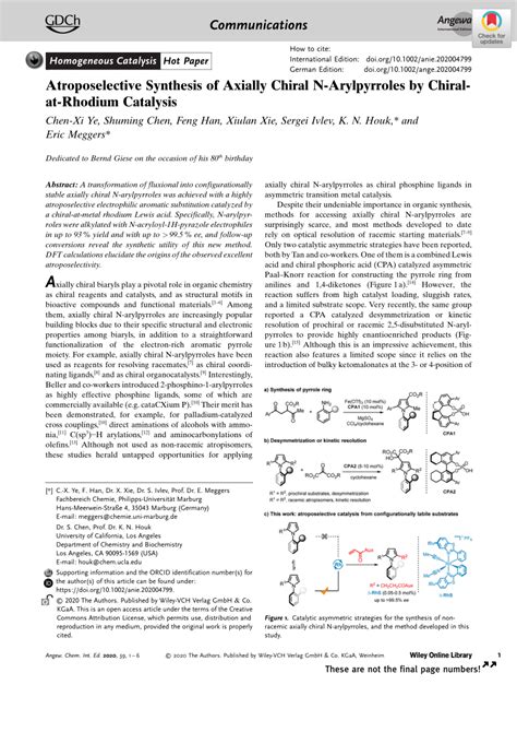 Pdf Atroposelective Synthesis Of Axially Chiral N‐arylpyrroles By