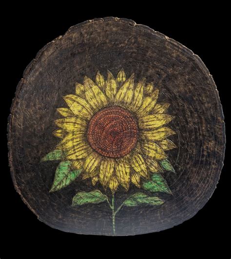 Sunflower Pyrography Art On Natural Wood Slice Etsy