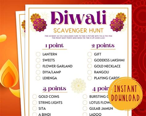 Diwali Scavenger Hunt Game Printable Festival Of Lights Party Games