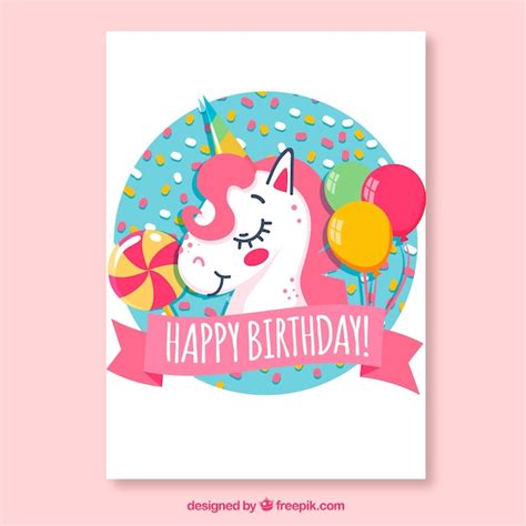 Carte D Anniversaire Avec Licorne Et Ballons Vecteur Premium