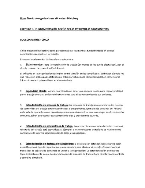 Libro Resumen Dise O De Organizaciones Eficientes Mintzberg