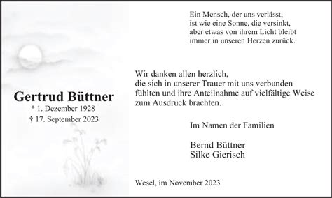Traueranzeigen Von Gertrud B Ttner Trauer In Nrw De