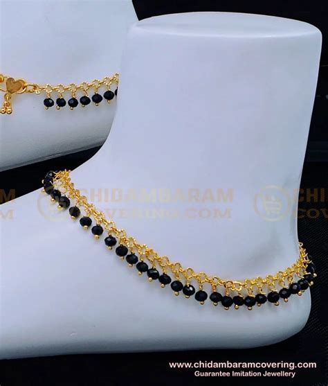 Buy Trendy Black Crystal Anklet Designs Gold Plated Black Beads Payal