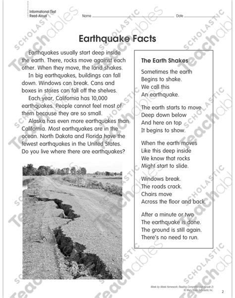 Earthquake Factsearth Shakes Reading Homework Printable Skills