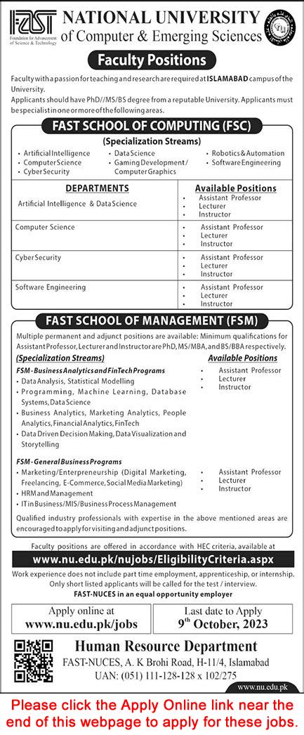 Teaching Faculty Jobs in FAST University Islamabad October 2023 Apply ...