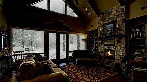 Snow Covered Winter Forest View From A Cozy Warm Cabin With A Fireplace