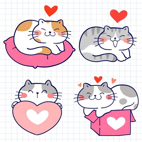 Conjunto De Gatos Fofos Apaixonados Ilustração Vetorial Desenhada à Mão Em Papel De Caderno