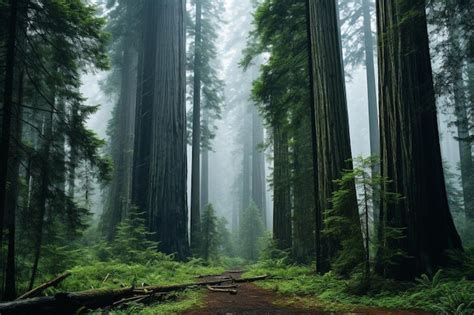 A Misty Forest With Towering Redwood Trees Premium Ai Generated Image