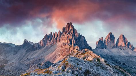 Morning At Paternkofel And Tre Cime Di Lavaredo Mountain Peaks