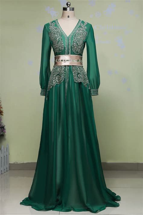 Elegant Emerald Green Long Sleeve Evening Dress Gown Arabic Style