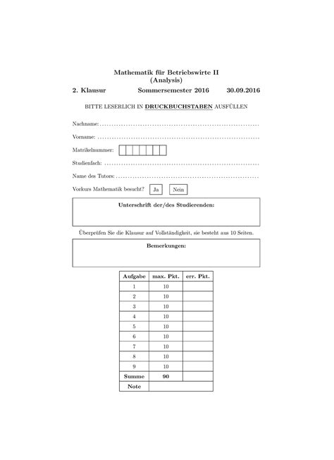 Klausur 2 Juli Sommersemester 2016 Fragen Mathematik F Ur