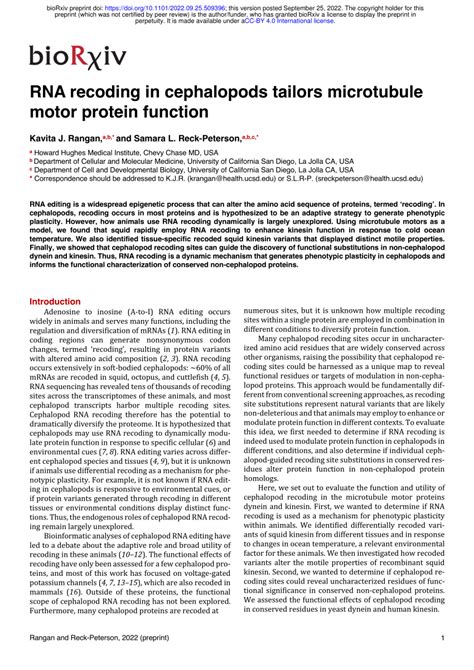 Pdf Rna Recoding In Cephalopods Tailors Microtubule Motor Protein