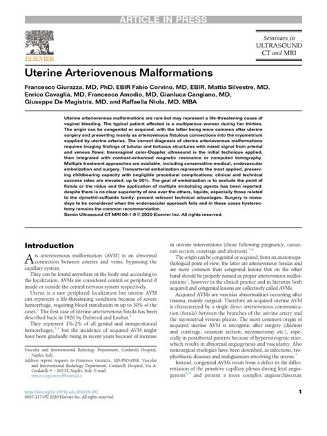 Uterine Arteriovenous Malformations Pdf Interventional Radiology