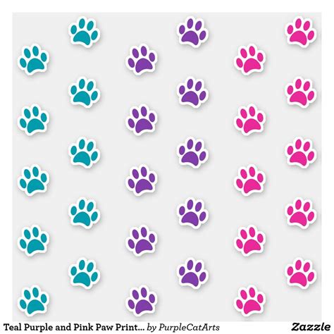 Teal Purple and Pink Paw Print Tracks Sticker Set Cat Themed Birthday ...