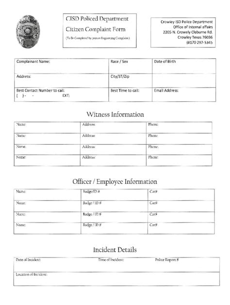 Fillable Online Crowley Isd Police Department Citizen Complaint Form