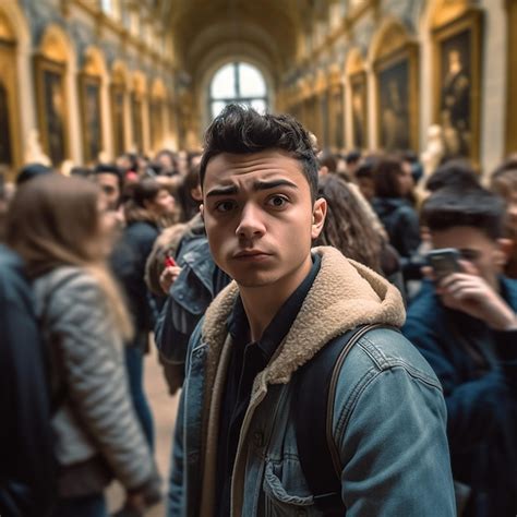 Un Hombre Con Una Chaqueta Azul Se Encuentra En Un Museo Con Una Gran